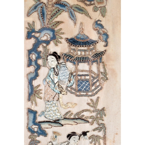 1668 - TWO 19TH CENTURY CHINESE SILK WORK EMBROIDERED PANELS Qing. Largest 55 cm x 12 cm. (2)