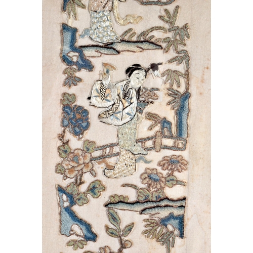 1668 - TWO 19TH CENTURY CHINESE SILK WORK EMBROIDERED PANELS Qing. Largest 55 cm x 12 cm. (2)