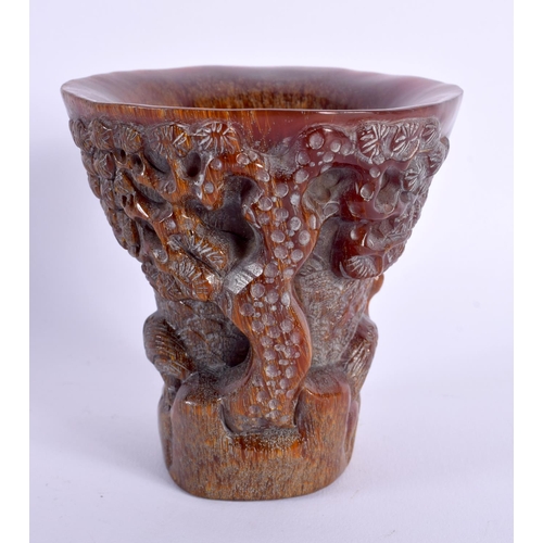 1719 - A CHINESE CARVED BUFFALO HORN TYPE LIBATION CUP 20th Century. 418 grams. 11 cm x 11 cm.