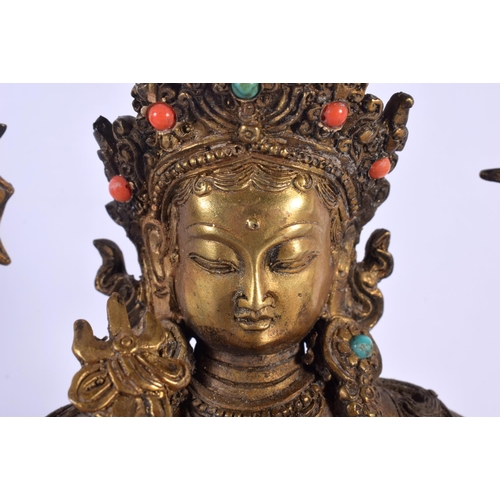 1730 - A CHINESE TIBETAN CORAL AND TURQUOISE INSET BRONZE BUDDHA 20th Century. 24 cm x 14 cm.