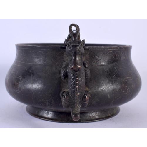 1734 - A CHINESE TWIN HANDLED SILVER INLAID BRONZE CENSER 20th Century. 20 cm wide, internal width 10 cm.