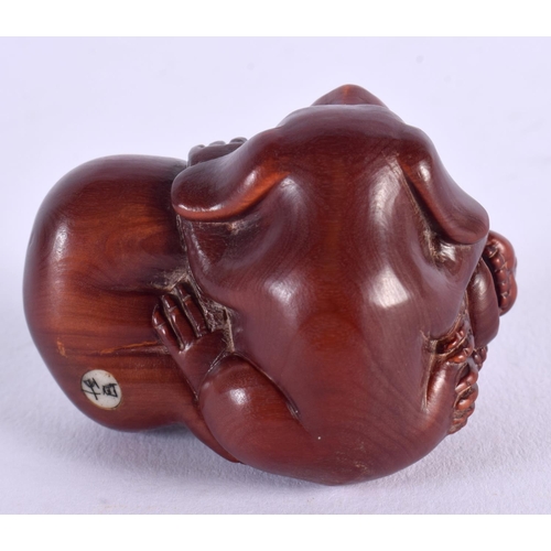 1749 - A JAPANESE CARVED BOXWOOD DOG OKIMONO. 4.75 cm x 3.5 cm.