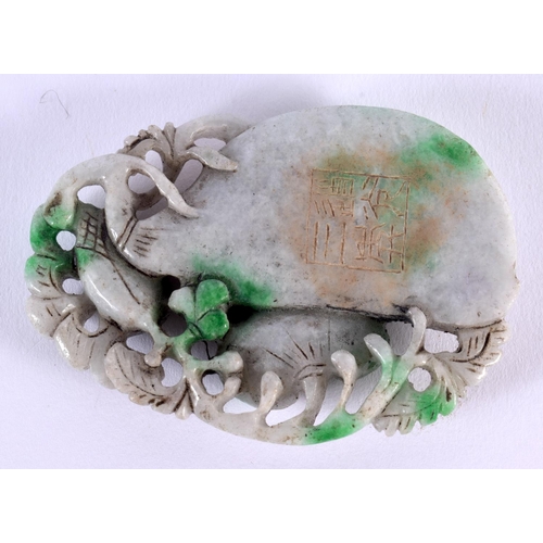 1757 - A CHINESE CARVED LAVENDER JADEITE PLAQUE 20th Century. 9.5 cm x 6.75 cm.