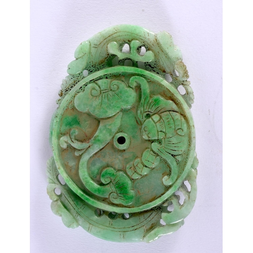 1759 - A CHINESE CARVED JADEITE PLAQUE 20th Century. 10.5 cm x 7 cm.