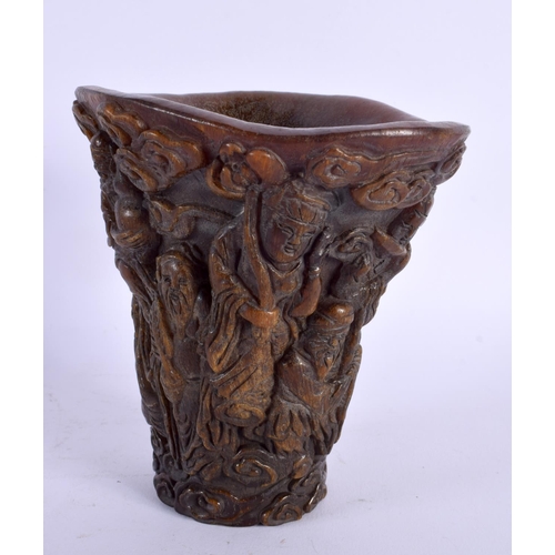 1800 - A CHINESE CARVED BUFFALO HORN TYPE LIBATION CUP 20th Century. 873 grams. 14 cm x 11 cm.