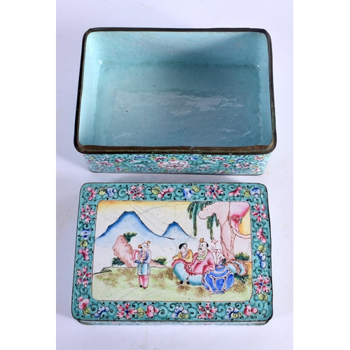 1804 - A LARGE 19TH CENTURY CHINESE CANTON ENAMEL RECTANGULAR BOX AND COVER Qing, painted with figures. 15 ... 