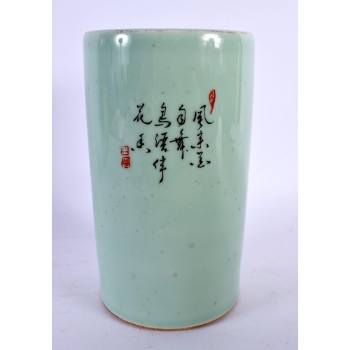 1808 - A CHINESE CELADON PORCELAIN BRUSH POT 20th Century. 18 cm x 10 cm.