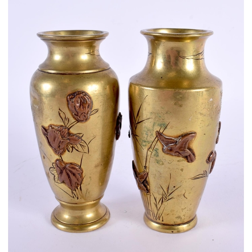 1823 - A PAIR OF 19TH CENTURY JAPANESE MIXED METAL BRONZE VASES decorated with birds. 12 cm high.