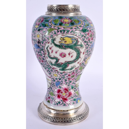 1877 - AN 18TH CENTURY CHINESE FAMILLE ROSE PORCELAIN VASE Yongzheng/Qianlong, with fine French silver moun... 