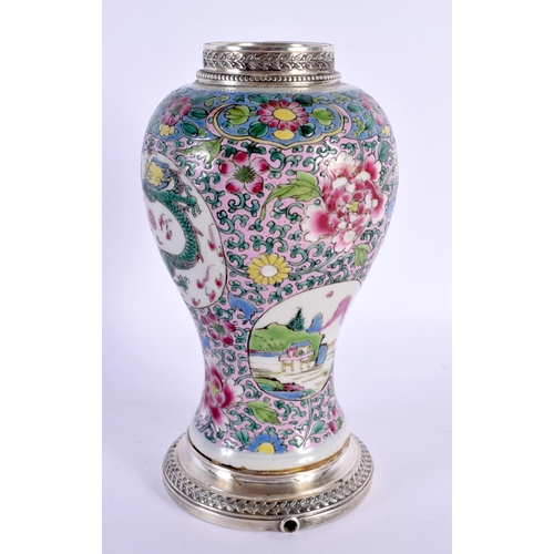 1877 - AN 18TH CENTURY CHINESE FAMILLE ROSE PORCELAIN VASE Yongzheng/Qianlong, with fine French silver moun... 