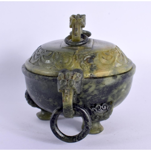 1910 - AN EARLY 20TH CENTURY CHINESE CARVED SOAPSTONE CENSER AND COVER Late Qing/Republic. 12 cm wide.