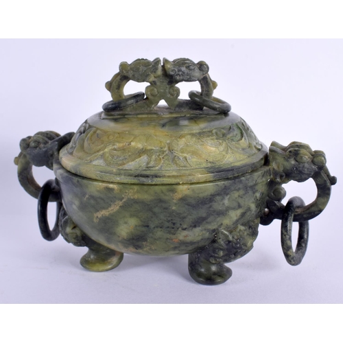 1910 - AN EARLY 20TH CENTURY CHINESE CARVED SOAPSTONE CENSER AND COVER Late Qing/Republic. 12 cm wide.