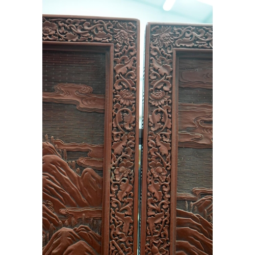 1913 - A LARGE PAIR OF EARLY 20TH CENTURY CHINESE CARVED CINNABAR LACQUER PANELS Late Qing/Republic. 112 cm... 