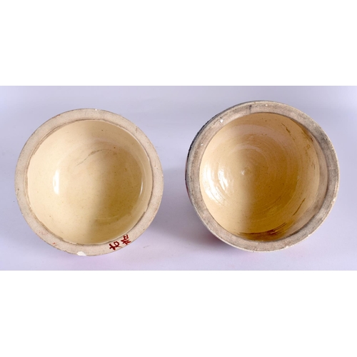 1923 - A LARGE PAIR OF LATE 19TH CENTURY JAPANESE MEIJI PERIOD SATSUMA CENSERS AND COVERS. 48 cm x 12 cm.