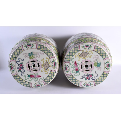 1933 - A LARGE PAIR OF CHINESE REPUBLICAN PERIOD FAMILLE ROSE GARDEN SEATS painted with objects. 46 cm x 25... 