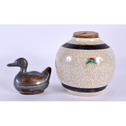 1955 - A LATE 19TH CENTURY CHINESE PEWTER DUCK BOX AND COVER together with a crackle glazed ginger jar & co... 