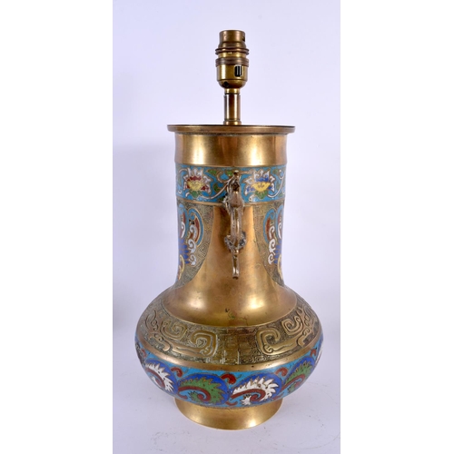 1958 - A LARGE EARLY 20TH CENTURY CHINESE CHAMPLEVE ENAMEL BRONZE LAMP Late Qing. 39 cm high.