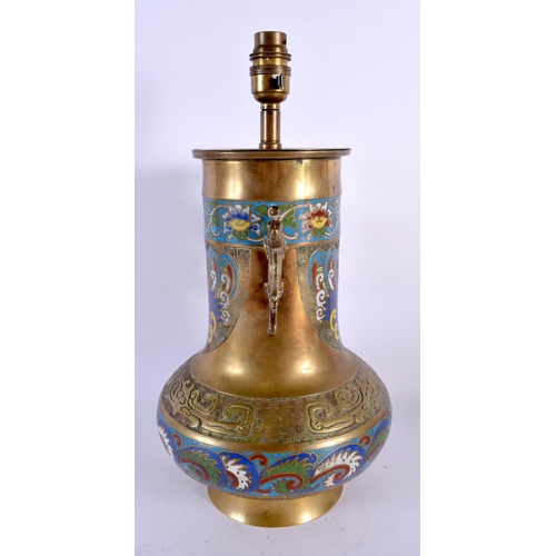 1958 - A LARGE EARLY 20TH CENTURY CHINESE CHAMPLEVE ENAMEL BRONZE LAMP Late Qing. 39 cm high.