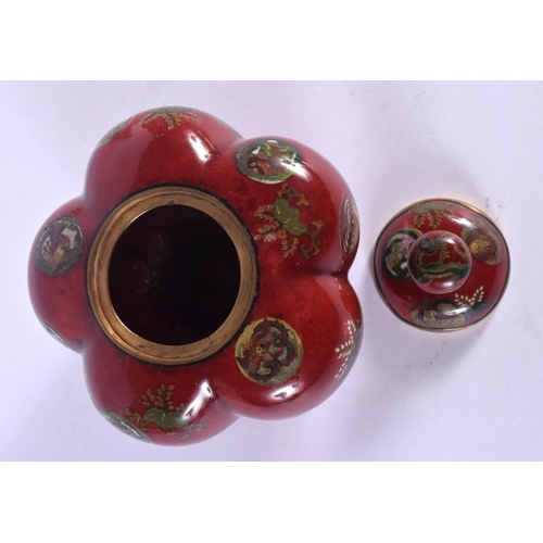 1962 - A GOOD 19TH CENTURY JAPANESE MEIJI PERIOD CLOISONNE ENAMEL CENSER AND COVER decorated with roundels.... 