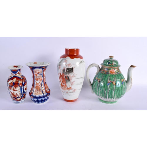 1968 - THREE 19TH CENTURY JAPANESE MEIJI PERIOD IMARI WARES and a Canton teapot. Largest 18 cm high. (4)