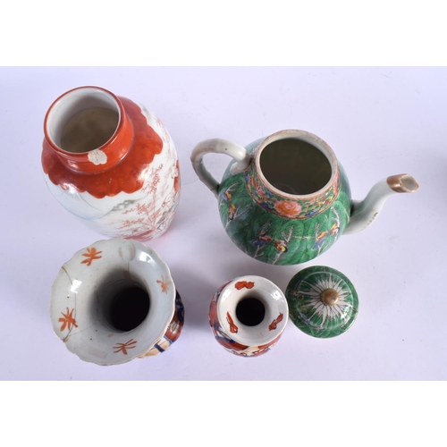 1968 - THREE 19TH CENTURY JAPANESE MEIJI PERIOD IMARI WARES and a Canton teapot. Largest 18 cm high. (4)