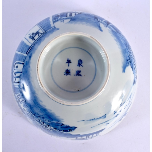 1970 - A LARGE 19TH CENTURY CHINESE BLUE AND WHITE PORCELAIN BOWL bearing Kangxi marks to base. 23 cm x 10 ... 