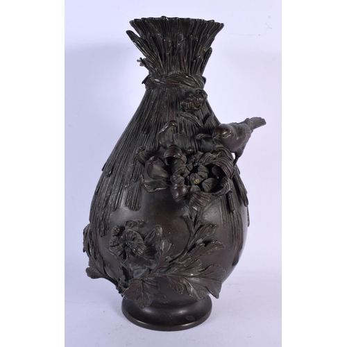 2010 - A 19TH CENTURY JAPANESE MEIJI PERIOD BULBOUS BRONZE VASE decorated with birds amongst foliage. 28 cm... 