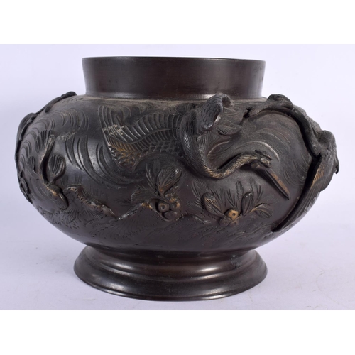 2011 - A 19TH CENTURY JAPANESE MEIJI PERIOD BRONZE JARDINIERE decorated with birds in flight. 21 cm x 15 cm... 