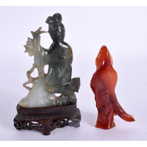 2022 - A 19TH CENTURY CHINESE CARVED JADEITE FIGURE OF A GODDESS Qing, together with a carved agate figure.... 