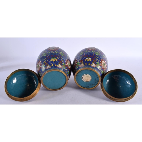 2023 - A PAIR OF 19TH CENTURY CHINESE CLOISONNE ENAMEL VASES AND COVER decorated with foliage. 18 cm x 8 cm... 