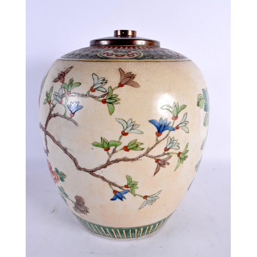 2033 - A LARGE 19TH CENTURY CHINESE FAMILLE VERTE PORCELAIN GINGER LAMP Kangxi style, painted with birds up... 