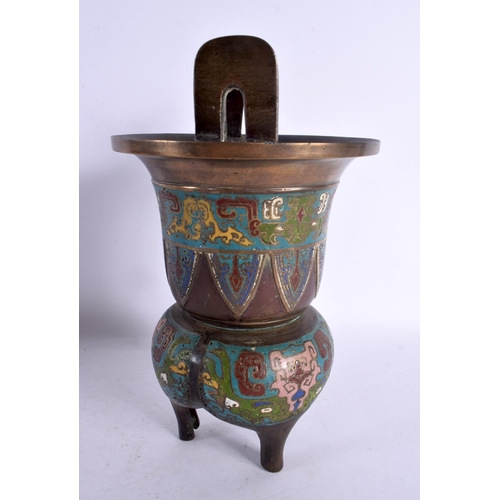 2045 - A 19TH CENTURY JAPANESE MEIJI PERIOD TWIN HANDLED BRONZE CHAMPLEVE ENAMEL CENSER decorated with mask... 