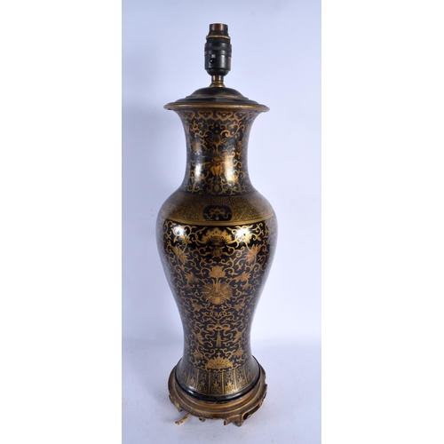 2055 - A LARGE 19TH CENTURY CHINESE GILT DECORATED BALUSTER PORCELAIN LAMP Kangxi style, painted with folia... 