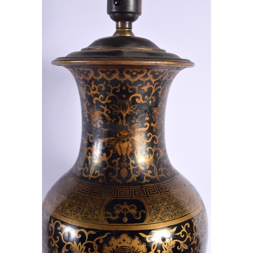 2055 - A LARGE 19TH CENTURY CHINESE GILT DECORATED BALUSTER PORCELAIN LAMP Kangxi style, painted with folia... 