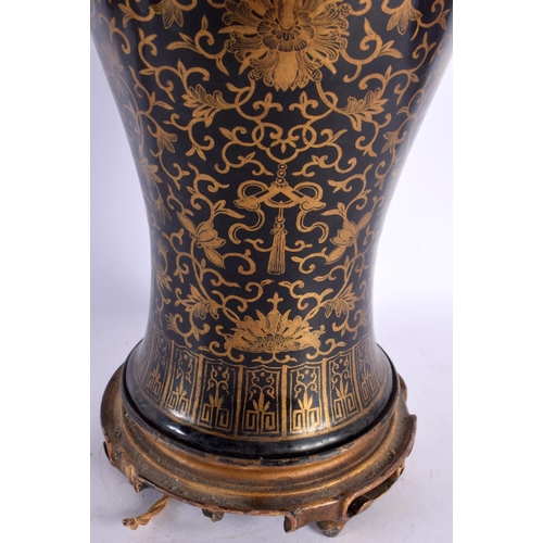 2055 - A LARGE 19TH CENTURY CHINESE GILT DECORATED BALUSTER PORCELAIN LAMP Kangxi style, painted with folia... 