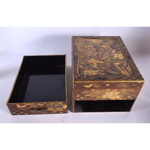 2057 - A LARGE 19TH CENTURY JAPANESE MEIJI PERIOD GOLD LACQUER BOX with silver inlaid drawer, decorated in ... 