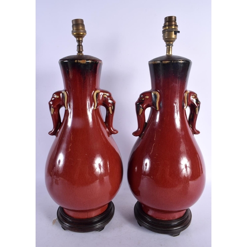 2058 - A PAIR OF EARLY 20TH CENTURY CHINESE TWIN HANDLED FLAMBE LAMPS Late Qing/Republic. 45 cm x 15 cm.