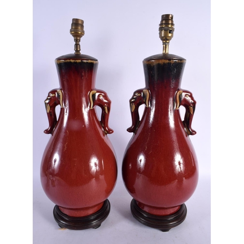 2058 - A PAIR OF EARLY 20TH CENTURY CHINESE TWIN HANDLED FLAMBE LAMPS Late Qing/Republic. 45 cm x 15 cm.