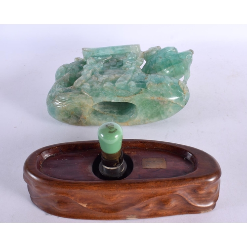 2060 - A LATE 19TH CENTURY CHINESE CARVED AVENTURINE GREEN QUARTZ STONE Qing. 22 cm x 22 cm.