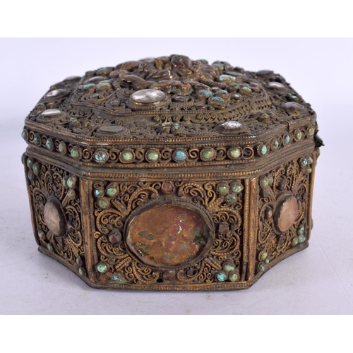 2065 - AN 18TH CENTURY TIBTAN BRONZE BUDDHISTIC BOX AND COVER inlaid with hardstones, turquoise and beasts.... 