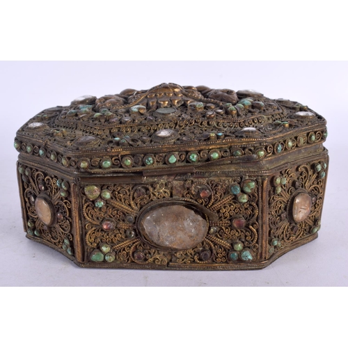 2065 - AN 18TH CENTURY TIBTAN BRONZE BUDDHISTIC BOX AND COVER inlaid with hardstones, turquoise and beasts.... 