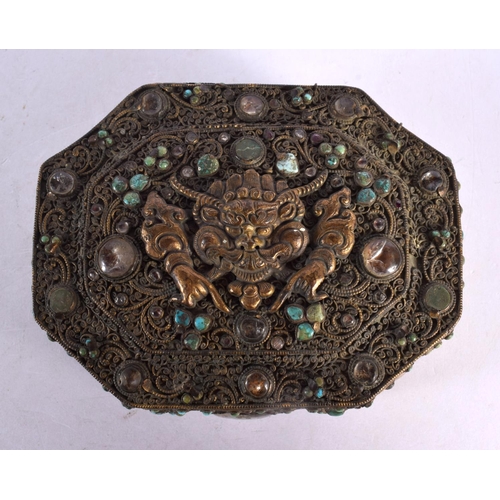 2065 - AN 18TH CENTURY TIBTAN BRONZE BUDDHISTIC BOX AND COVER inlaid with hardstones, turquoise and beasts.... 