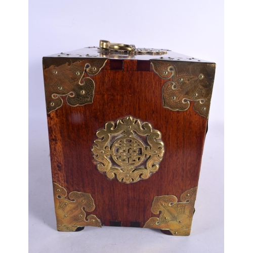 2068 - AN EARLY 20TH CENTURY CHINESE CARVED HARDWOOD BRASS BOUND CASKET overlaid with figures and bats. 30 ... 