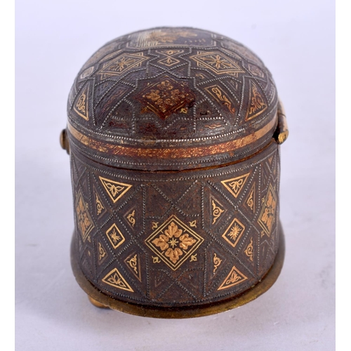 2071 - A 19TH CENTURY MIDDLE EASTERN TOLEDO GOLD INLAID BOX decorated with figures and star shaped motifs. ... 