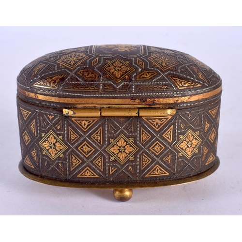 2071 - A 19TH CENTURY MIDDLE EASTERN TOLEDO GOLD INLAID BOX decorated with figures and star shaped motifs. ... 