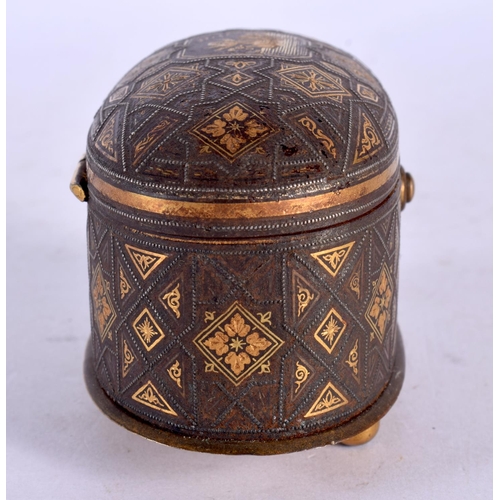 2071 - A 19TH CENTURY MIDDLE EASTERN TOLEDO GOLD INLAID BOX decorated with figures and star shaped motifs. ... 