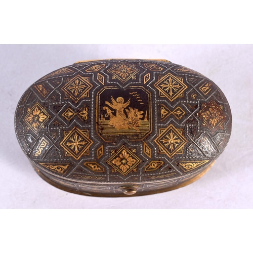 2071 - A 19TH CENTURY MIDDLE EASTERN TOLEDO GOLD INLAID BOX decorated with figures and star shaped motifs. ... 