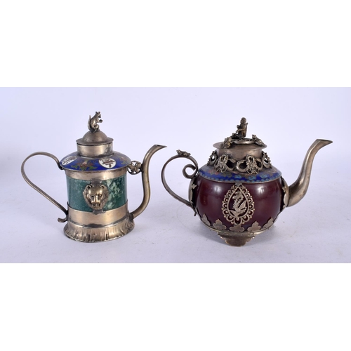 2074 - TWO CHINESE REPUBLICAN PERIOD WHITE METAL AND HARDSTONE TEAPOTS overlaid in cloisonne. 11 cm wide. (... 