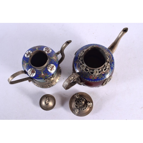 2074 - TWO CHINESE REPUBLICAN PERIOD WHITE METAL AND HARDSTONE TEAPOTS overlaid in cloisonne. 11 cm wide. (... 