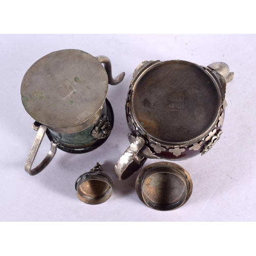 2074 - TWO CHINESE REPUBLICAN PERIOD WHITE METAL AND HARDSTONE TEAPOTS overlaid in cloisonne. 11 cm wide. (... 